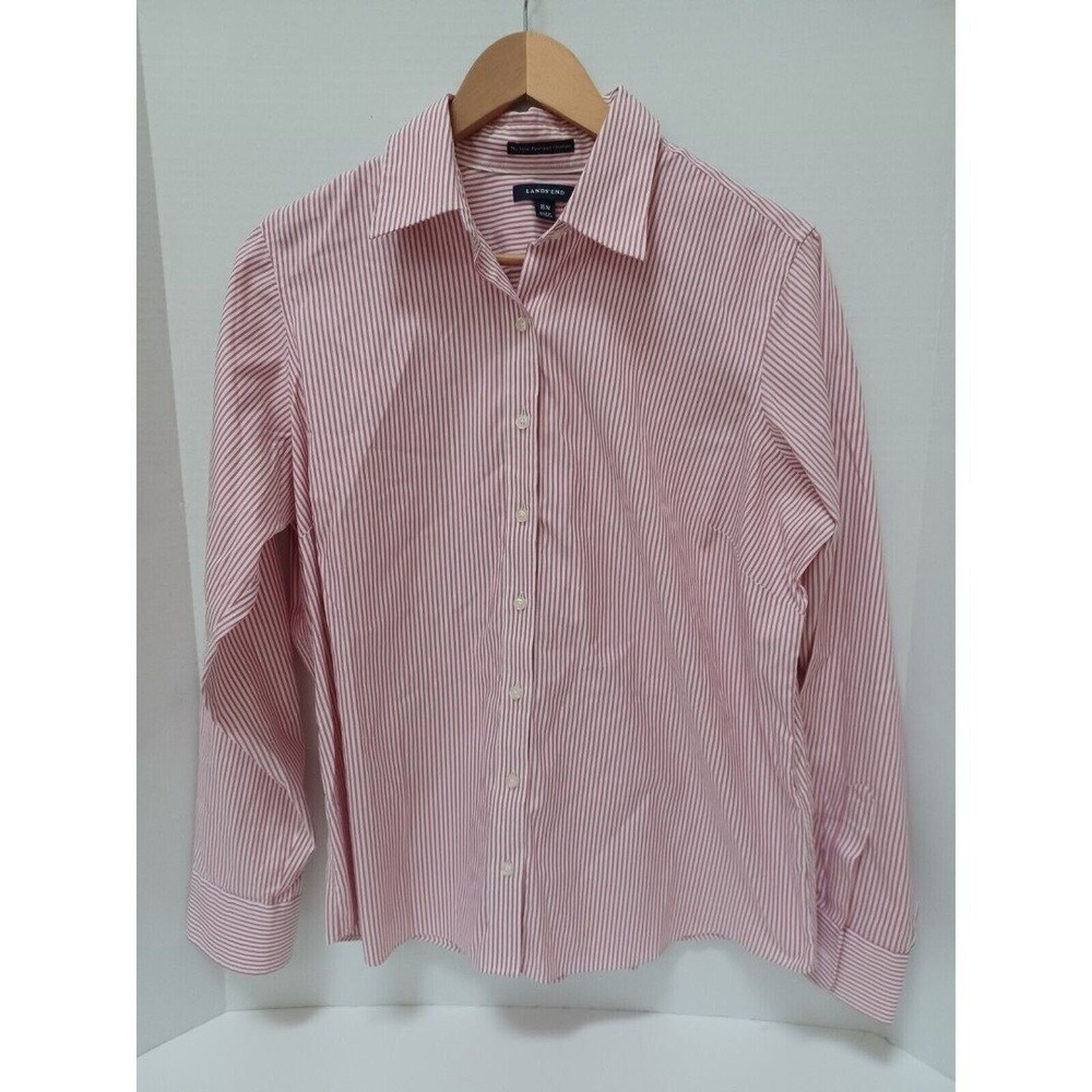 LANDS' END Mens No Iron Pin Point Oxford Pink White Stripe Shirt Size‎ 16W